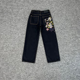 Derchutze "Garden of Eden" denim black straight-leg jeans with Eden embroidery