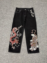 Derschutze Chinese Style Dragon and Tiger Embroidered Jeans, Unisex Wide-Leg Black Casual Trousers