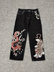 Derschutze Chinese Style Dragon and Tiger Embroidered Jeans, Unisex Wide-Leg Black Casual Trousers