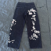 derschutze American retro heavy embroidery washed distressed jeans, unisex loose wide-leg trendy trousers