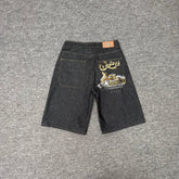 Derschutze American Street Style Heavy Embroidered Denim Shorts, Unisex Loose Fit Casual Five-Point Pants, Versatile Mid-Length Pants