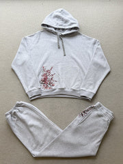 Derschutze Floral Embroidery Fleece-Lined Casual Suit for Men and Women: Hooded Sweatshirt, Loose Fit Jogger Pants