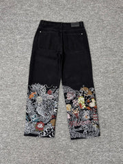 derschutze street style embroidered jeans with grass, birds and animals, unisex loose straight leg trousers.