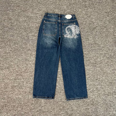 derschutze venus denim bule Venus embroidered jeans loose straight leg casual trousers