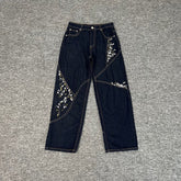 Derschutze trendy floral embroidered patchwork jeans for men and women, high street style, loose straight leg casual trousers.