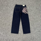 derschutze blossom v2 raw denim loose straight leg casual jeans with cherry blossom embroidery - trendy