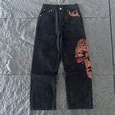 derschutze high-street style embroidered jeans for women, black straight-leg wide-leg pants, trendy and versatile fashion brand trousers.