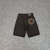 derschutze American heavy-duty embroidered denim shorts, unisex high street style, loose straight leg, five-point pants