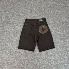 derschutze American heavy-duty embroidered denim shorts, unisex high street style, loose straight leg, five-point pants