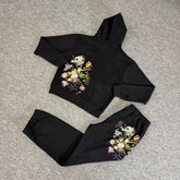 Derschutze Floral Embroidery Hooded Sweatshirt, Loose Fit Sweatpants, Fleece Lined Casual Sports Suit