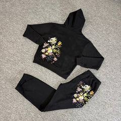 Derschutze Floral Embroidery Hooded Sweatshirt, Loose Fit Sweatpants, Fleece Lined Casual Sports Suit