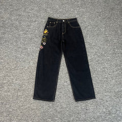 Derchutze "Garden of Eden" denim black straight-leg jeans with Eden embroidery