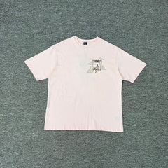 Derschutze Vintage Architectural Embroidery Short-Sleeve Unisex Loose-Fit Pure Cotton Crew Neck Pink T-Shirt Top