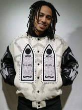 WHO DECIDES WAR Embroidered Varsity Jacket Cream White Unisex Oversized Streetwear Bomber