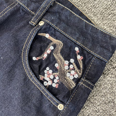 derschutze blossom v2 raw denim loose straight leg casual jeans with cherry blossom embroidery - trendy