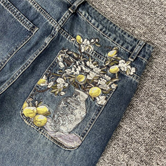 Derchutze niche retro ripped jeans for men and women, high street style, vibe embroidered loose silhouette casual trousers.