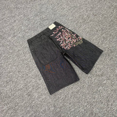 derschutze blossom V2 jorts floral embroidered jeans, unisex loose straight leg five-point pants