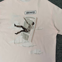 Derschutze Vintage Architectural Embroidery Short-Sleeve Unisex Loose-Fit Pure Cotton Crew Neck Pink T-Shirt Top