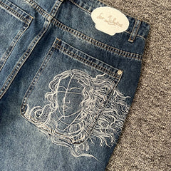 derschutze venus denim bule Venus embroidered jeans loose straight leg casual trousers