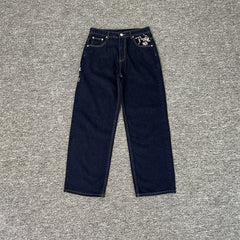 derschutze blossom v2 raw denim loose straight leg casual jeans with cherry blossom embroidery - trendy