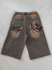 derschutze American retro heavy embroidered jeans for men and women, summer loose straight leg five-point pants
