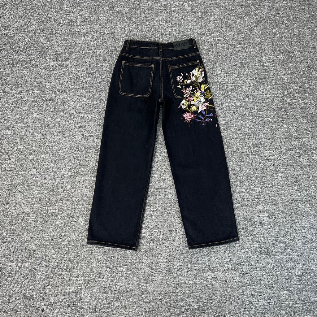 Derchutze "Garden of Eden" denim black straight-leg jeans with Eden embroidery