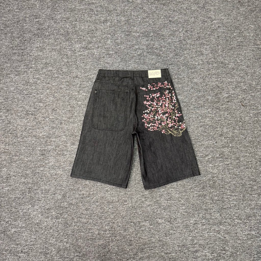 derschutze blossom V2 jorts floral embroidered jeans, unisex loose straight leg five-point pants