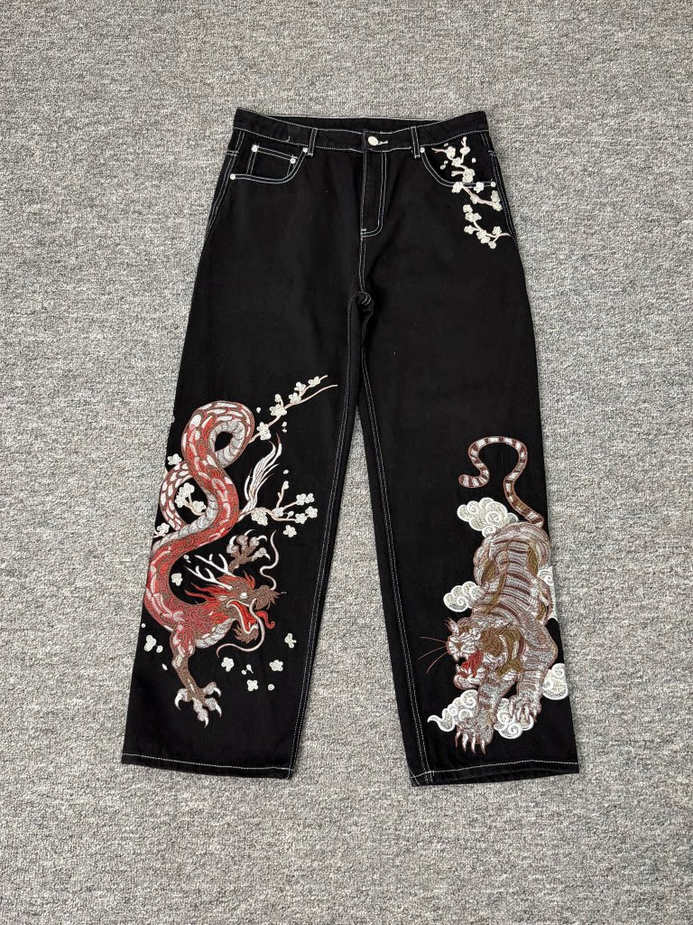 Derschutze Chinese Style Dragon and Tiger Embroidered Jeans, Unisex Wide-Leg Black Casual Trousers