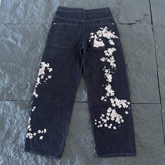 derschutze American retro heavy embroidery washed distressed jeans, unisex loose wide-leg trendy trousers