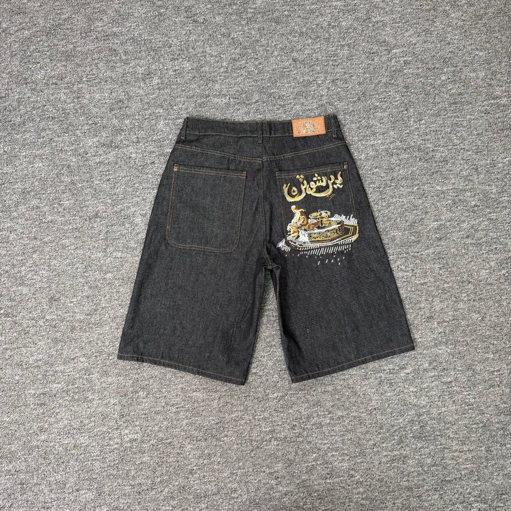 Derschutze American Street Style Heavy Embroidered Denim Shorts, Unisex Loose Fit Casual Five-Point Pants, Versatile Mid-Length Pants