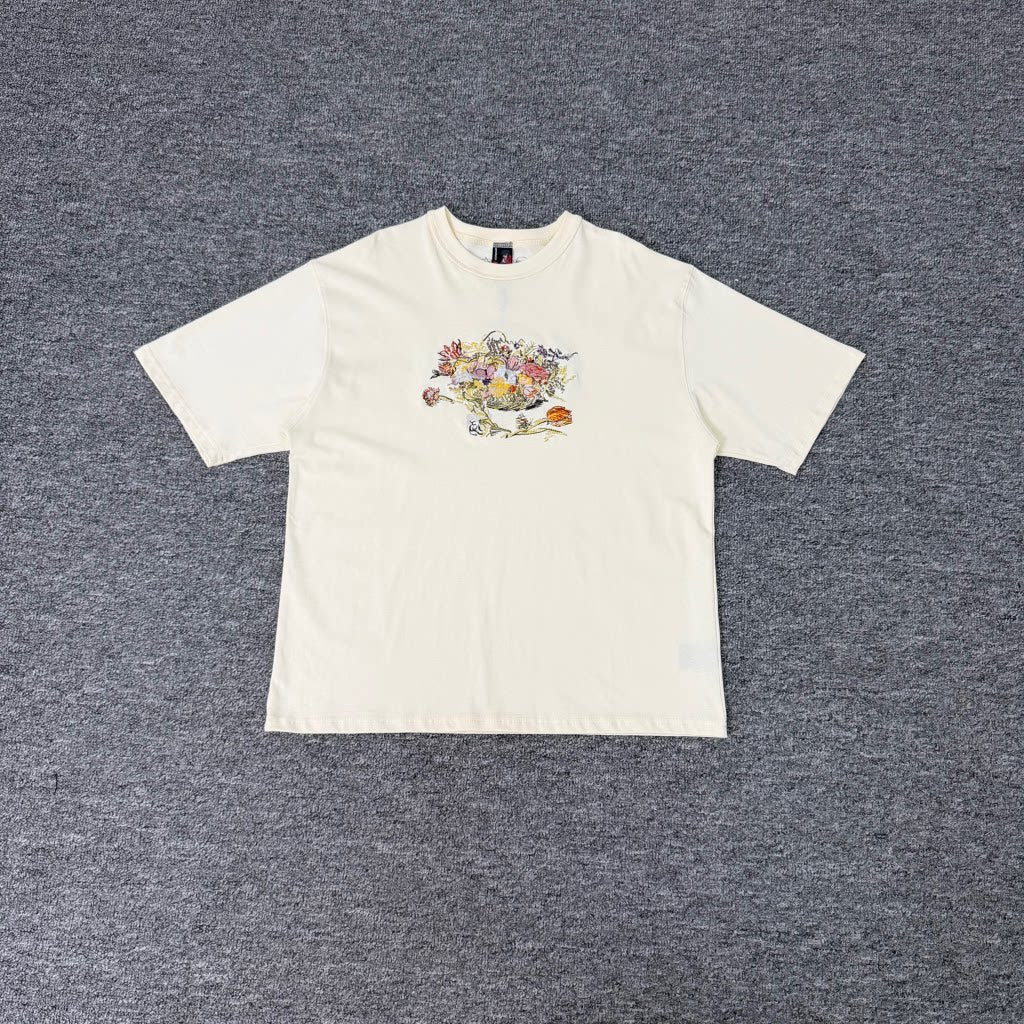 Derschutze Floral Embroidery Short-Sleeve Unisex Loose-Fit Crew Neck Pure Cotton Casual Printed T-Shirt