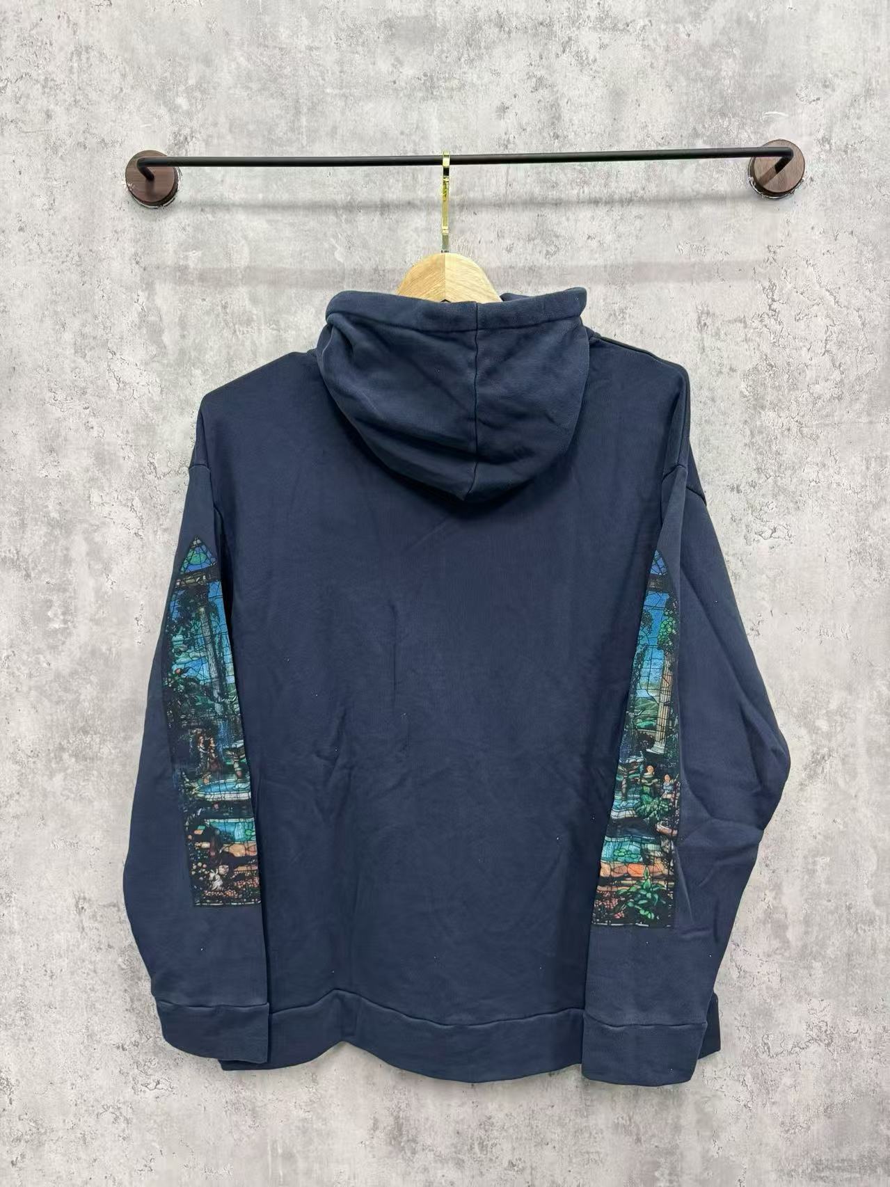 WHO DECIDES WAR Gothic Window Graphic Hoodie Navy Blue Unisex Oversized Streetwear Pullover