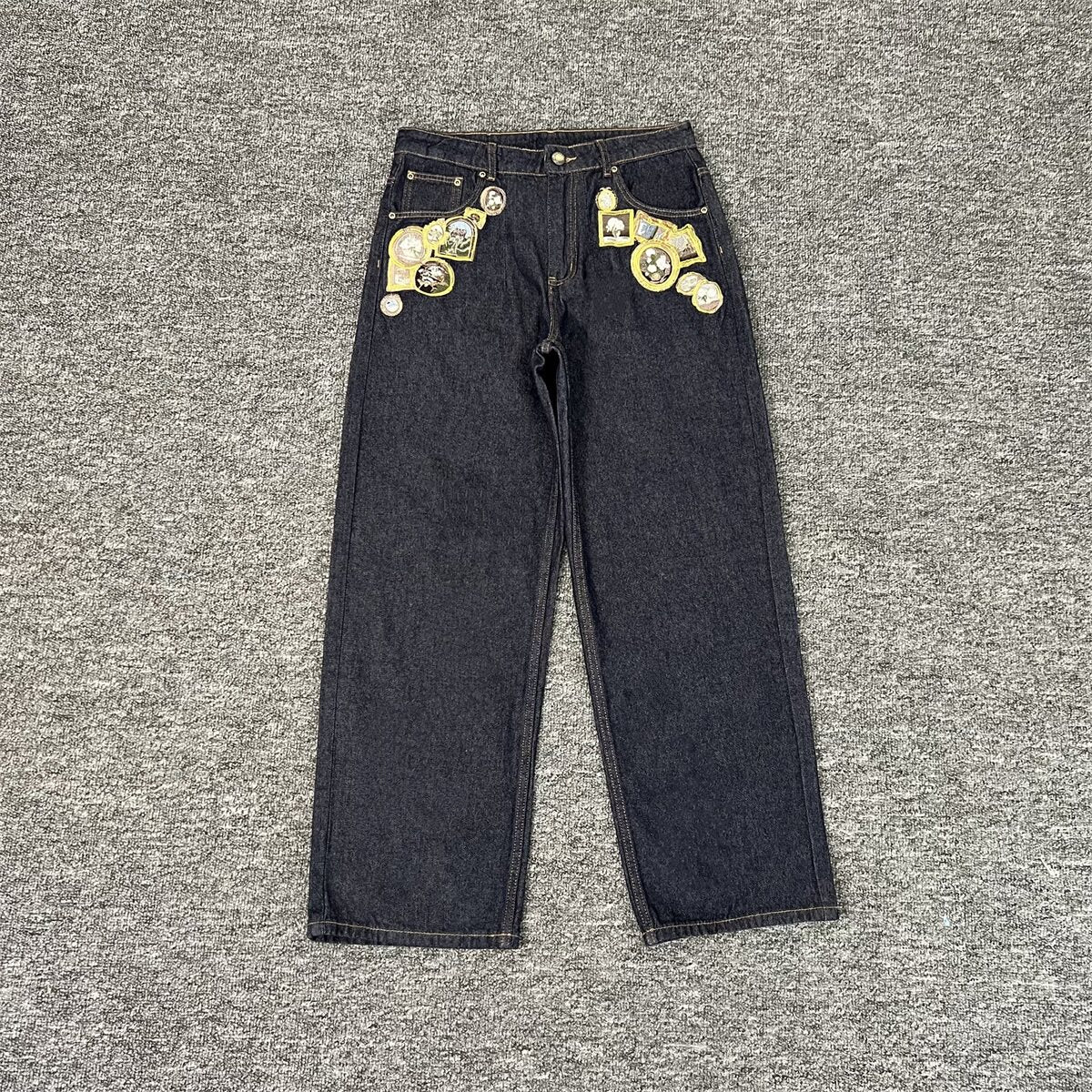 derschutze heavy-duty embroidered loose straight-leg jeans for men, retro hip-hop trendy casual trousers, long pants