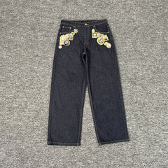 derschutze heavy-duty embroidered loose straight-leg jeans for men, retro hip-hop trendy casual trousers, long pants