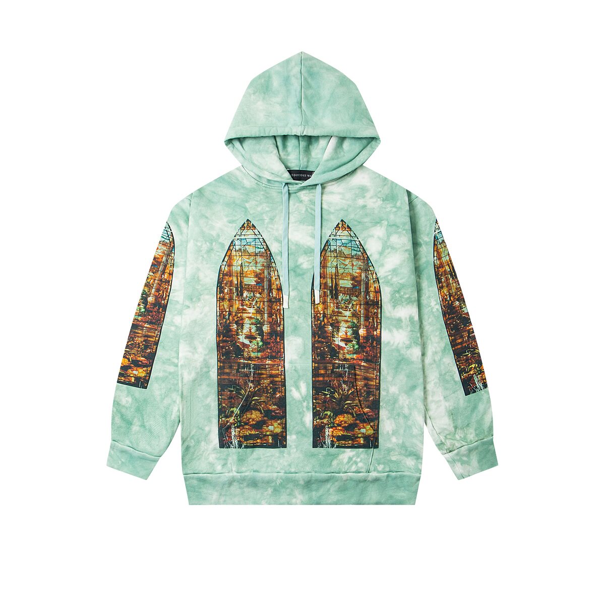 WHO DECIDES WAR Gothic Window Graphic Hoodie Green Unisex Oversized Streetwear Pullover