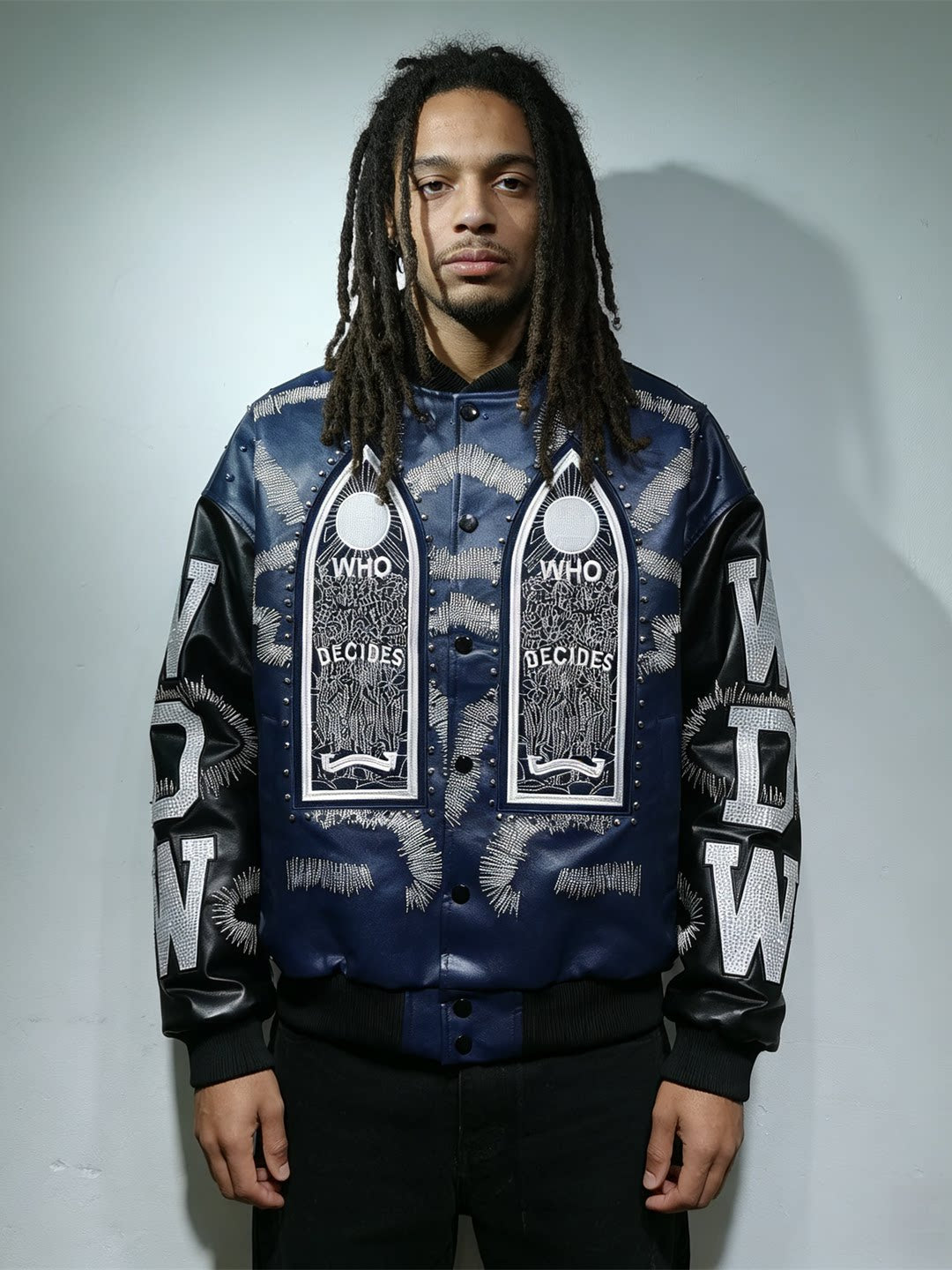 WHO DECIDES WAR Embroidered Varsity Jacket Unisex Oversized Streetwear Bomber Jacket
