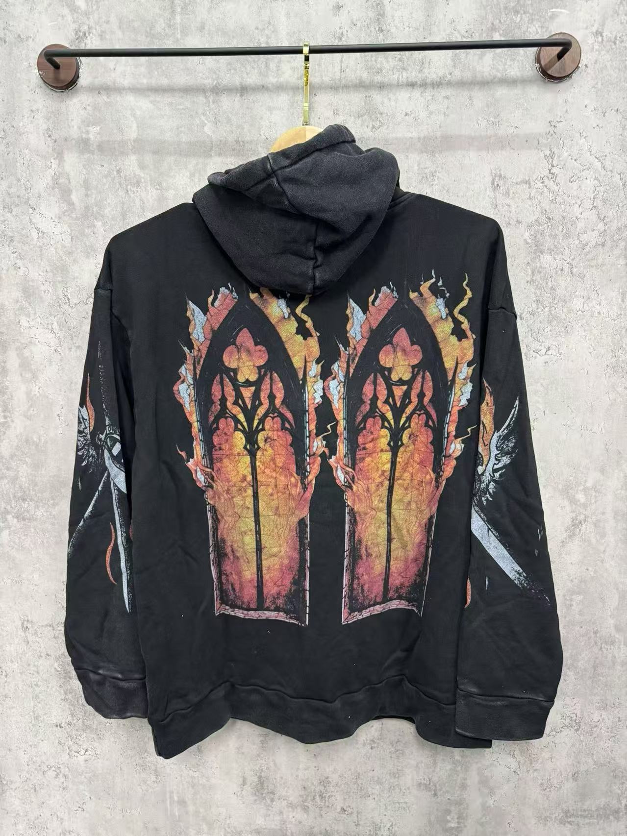 WHO DECIDES WAR Gothic Stained Glass Graphic Hoodie Unisex Oversized Streetwear Pullover