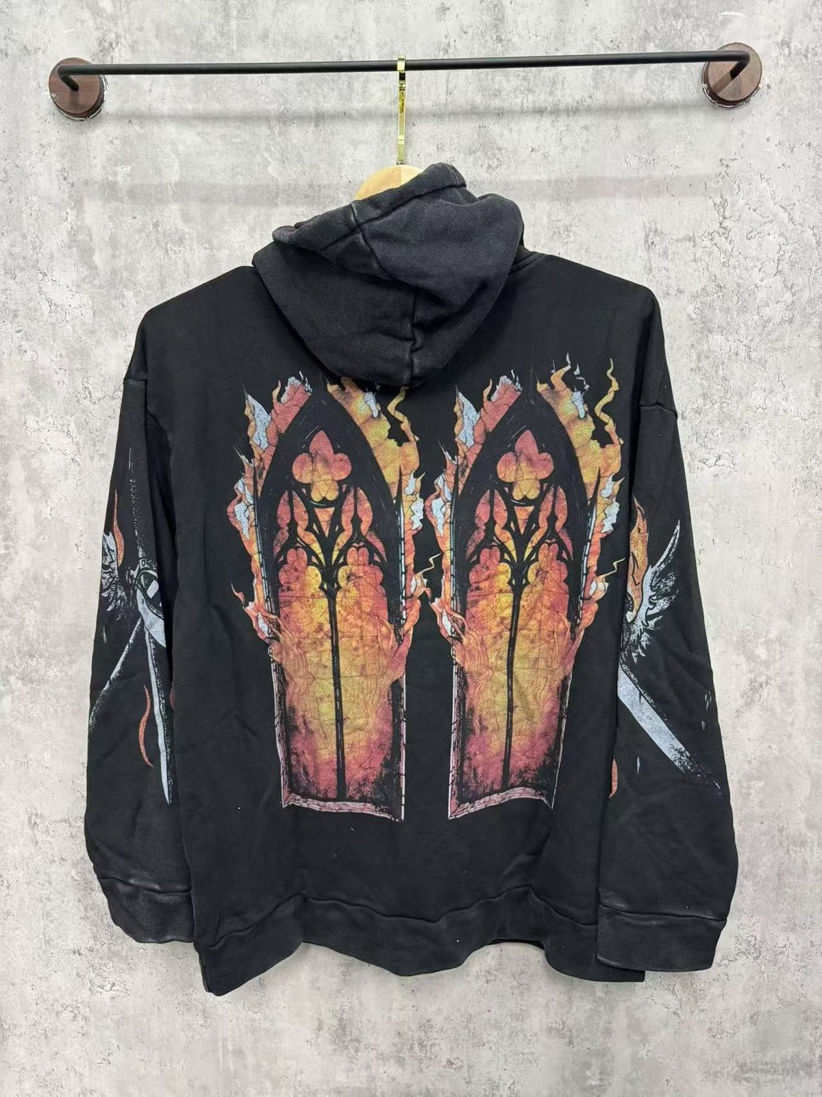 WHO DECIDES WAR Gothic Stained Glass Graphic Hoodie Unisex Oversized Streetwear Pullover