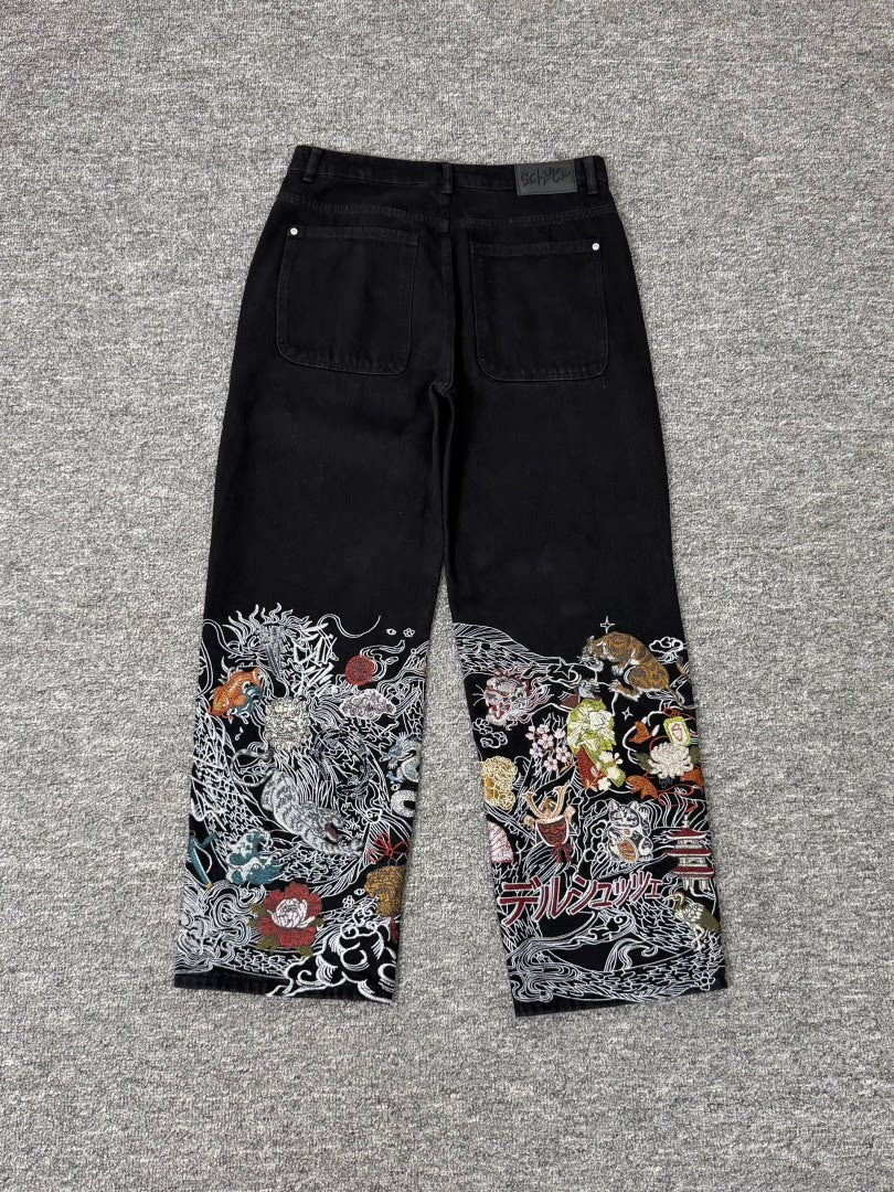 derschutze street style embroidered jeans with grass, birds and animals, unisex loose straight leg trousers.