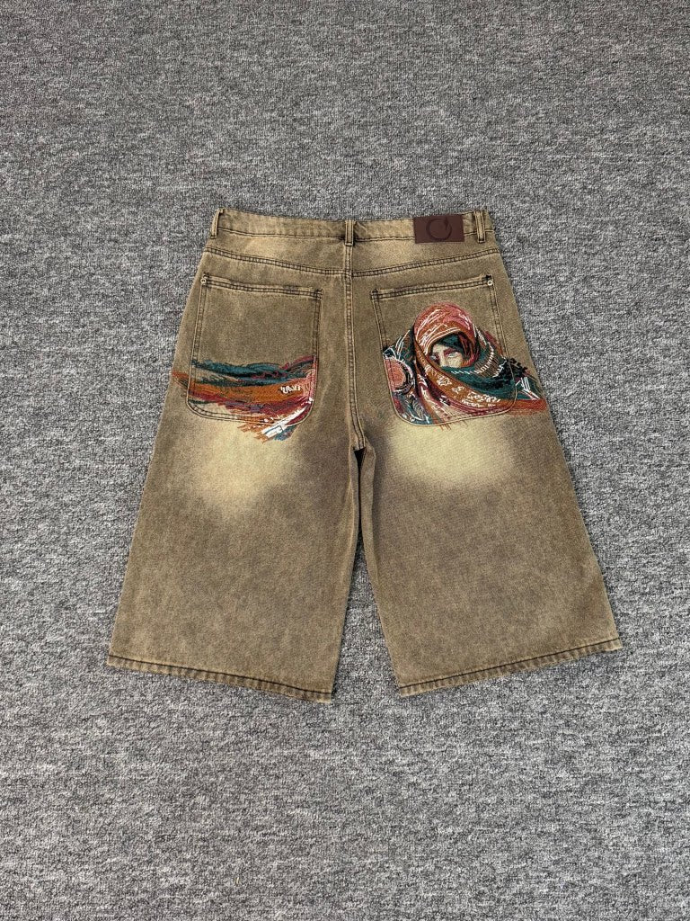 Derschutze Retro Heavy Embroidery Denim Shorts, Unisex Loose Straight Leg Distressed Five-Point Pants, Trendy Pants