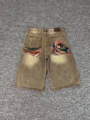 Derschutze Retro Heavy Embroidery Denim Shorts, Unisex Loose Straight Leg Distressed Five-Point Pants, Trendy Pants