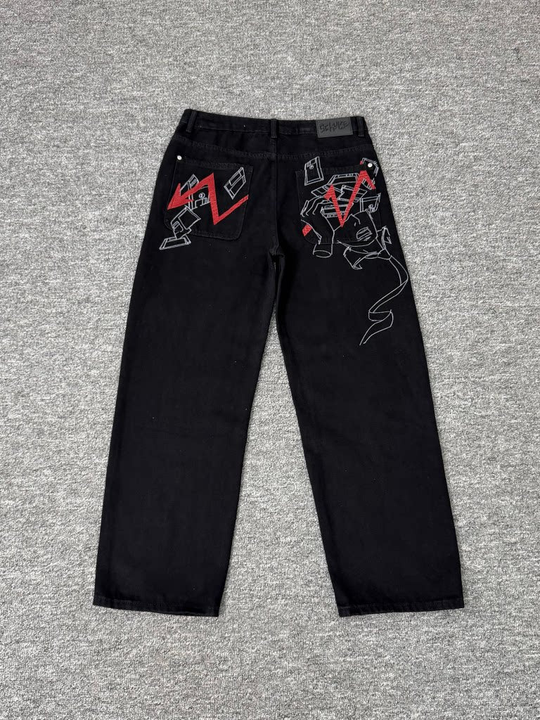 derschutze dark graffiti embroidered jeans, unisex loose straight leg high street retro casual trousers