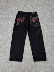derschutze dark graffiti embroidered jeans, unisex loose straight leg high street retro casual trousers