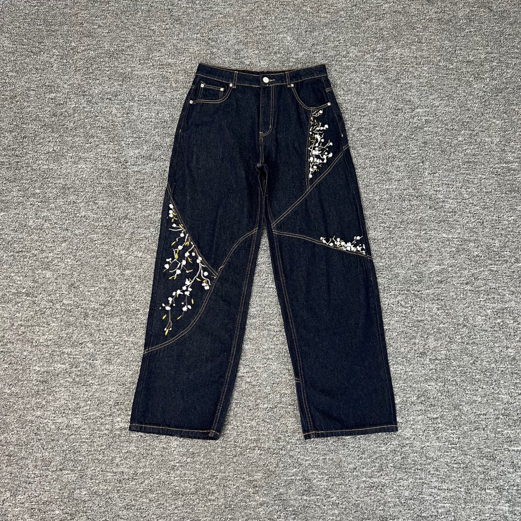 Derschutze trendy floral embroidered patchwork jeans for men and women, high street style, loose straight leg casual trousers.