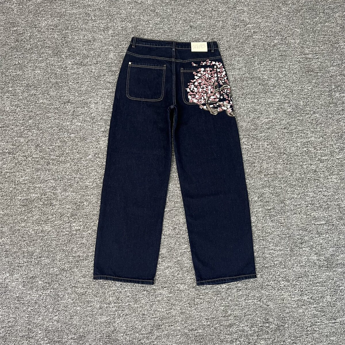 derschutze blossom v2 raw denim loose straight leg casual jeans with cherry blossom embroidery - trendy