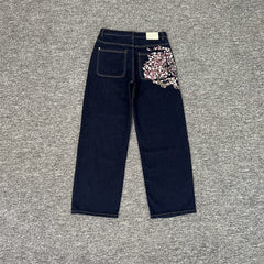 derschutze blossom v2 raw denim loose straight leg casual jeans with cherry blossom embroidery - trendy
