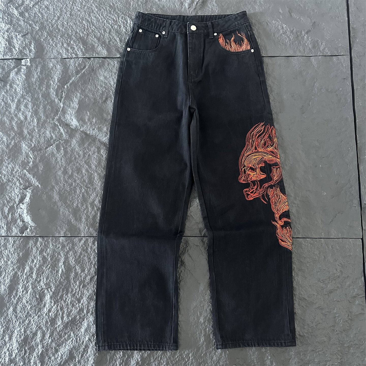 derschutze high-street style embroidered jeans for women, black straight-leg wide-leg pants, trendy and versatile fashion brand trousers.