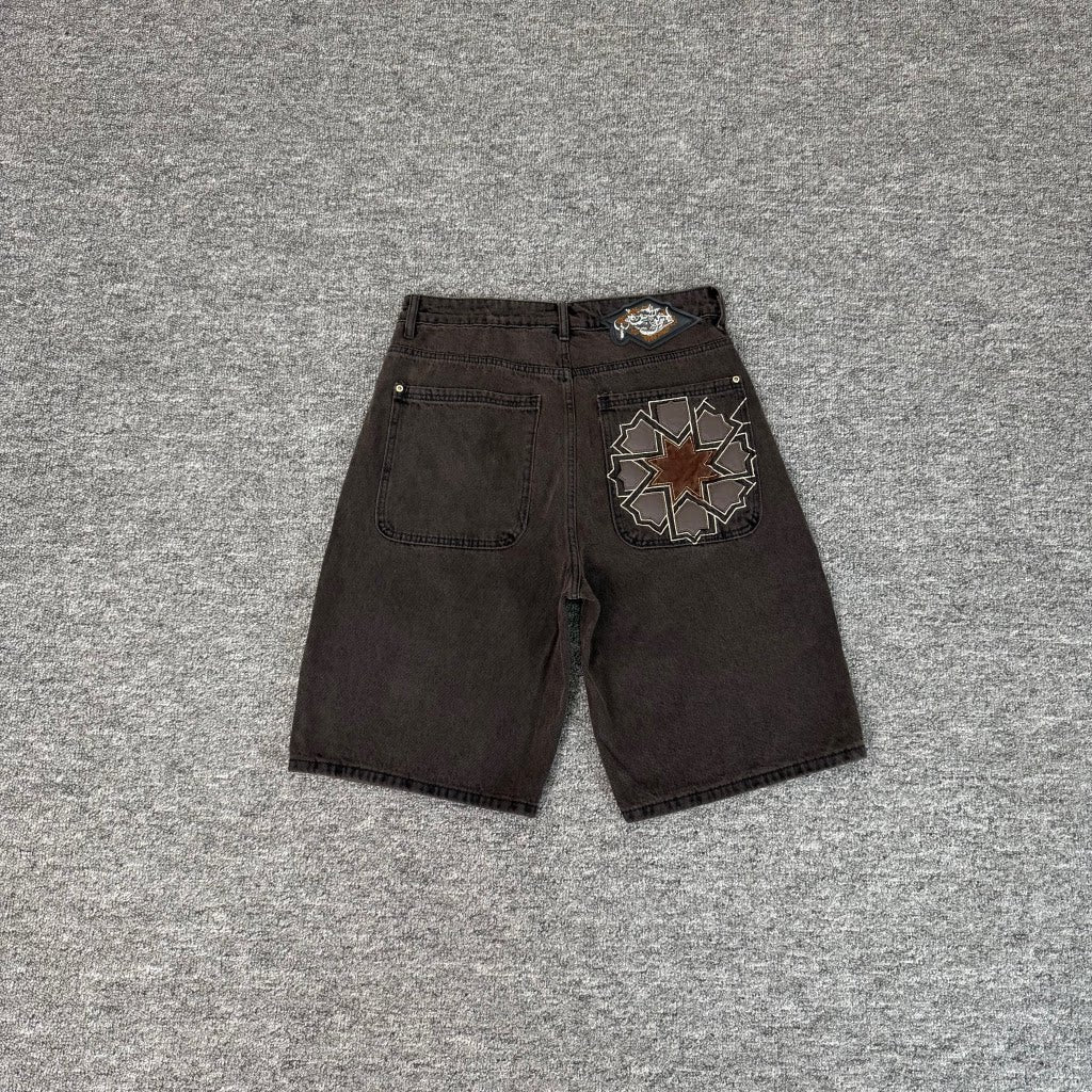 derschutze American heavy-duty embroidered denim shorts, unisex high street style, loose straight leg, five-point pants
