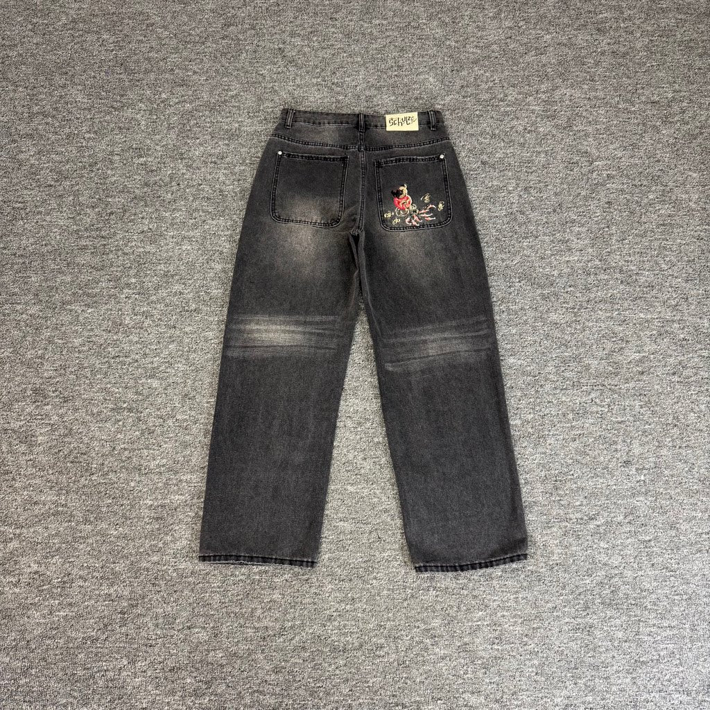 derschutze kOI FISH BLACK WASHED DENIM Koi Embroidered Washed Jeans