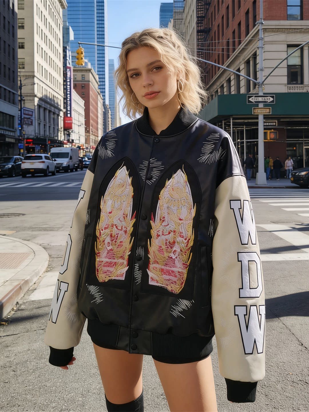WHO DECIDES WAR Black Embroidered Varsity Jacket Unisex Oversized Streetwear Bomber Jacket